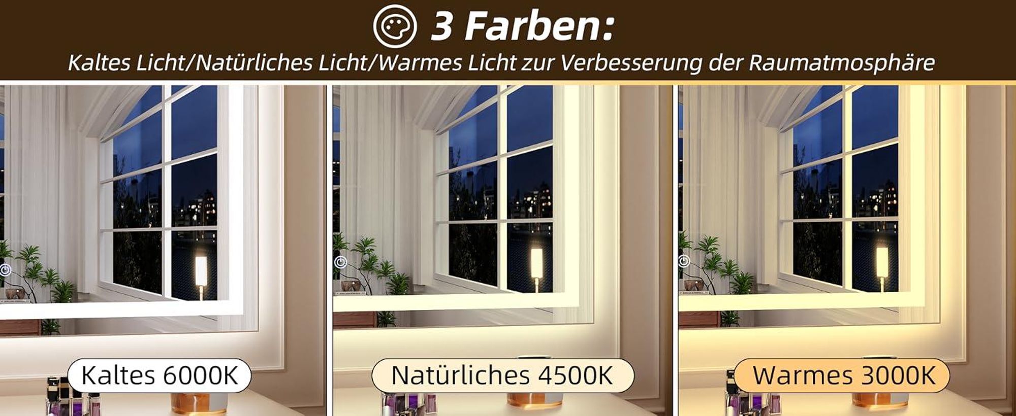 Koonmi 80x60cm LED Badezimmerspiegel - 3 Einstellbare Beleuchtungsmodi, Beleuchteter intelligenter Badezimmer Spiegel , wandmontiert horizontal