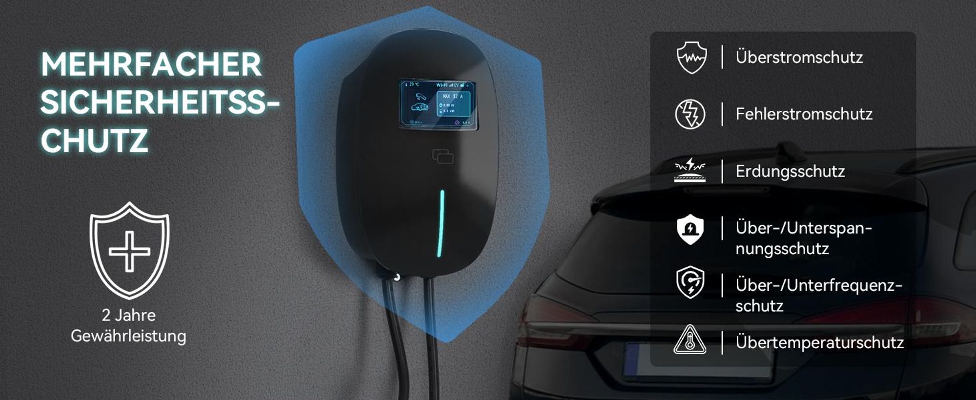 Puluomis Wallbox Ladestation 22kW Ladekabel 7m Typ 2 mit Halter,EV Ladegerät 3-phasig 6-32A einstellbar, IP65 mit Wlan & Bluetooth 24h Timer Schwarz
