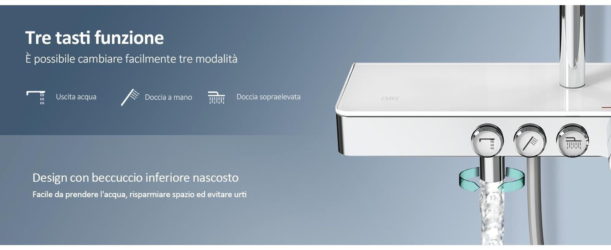 Sistema doccia EMKE con termostato 1146x450x480mm mensola in vetro doccetta con 3 modalità di getto doccia a pioggia, rubinetteria per bagno e doccia, KTW, cromo F10