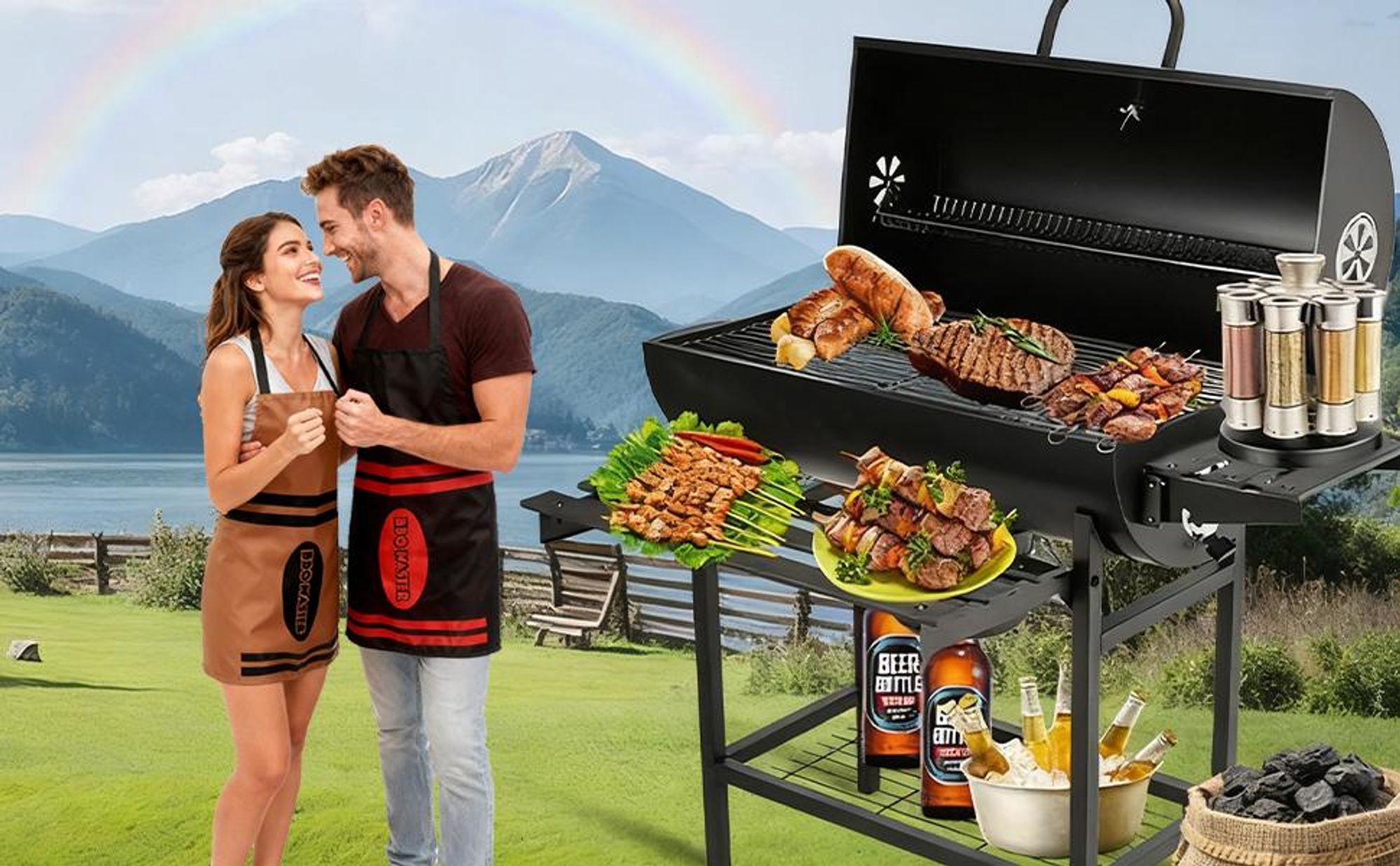 TEENO Holzkohlegrill Upgraded | Holzkohlegrill mit Deckel | Thermometer, Ascheschublade, Verbrühungsschutzhandschuhe, verstellbare Belüftung