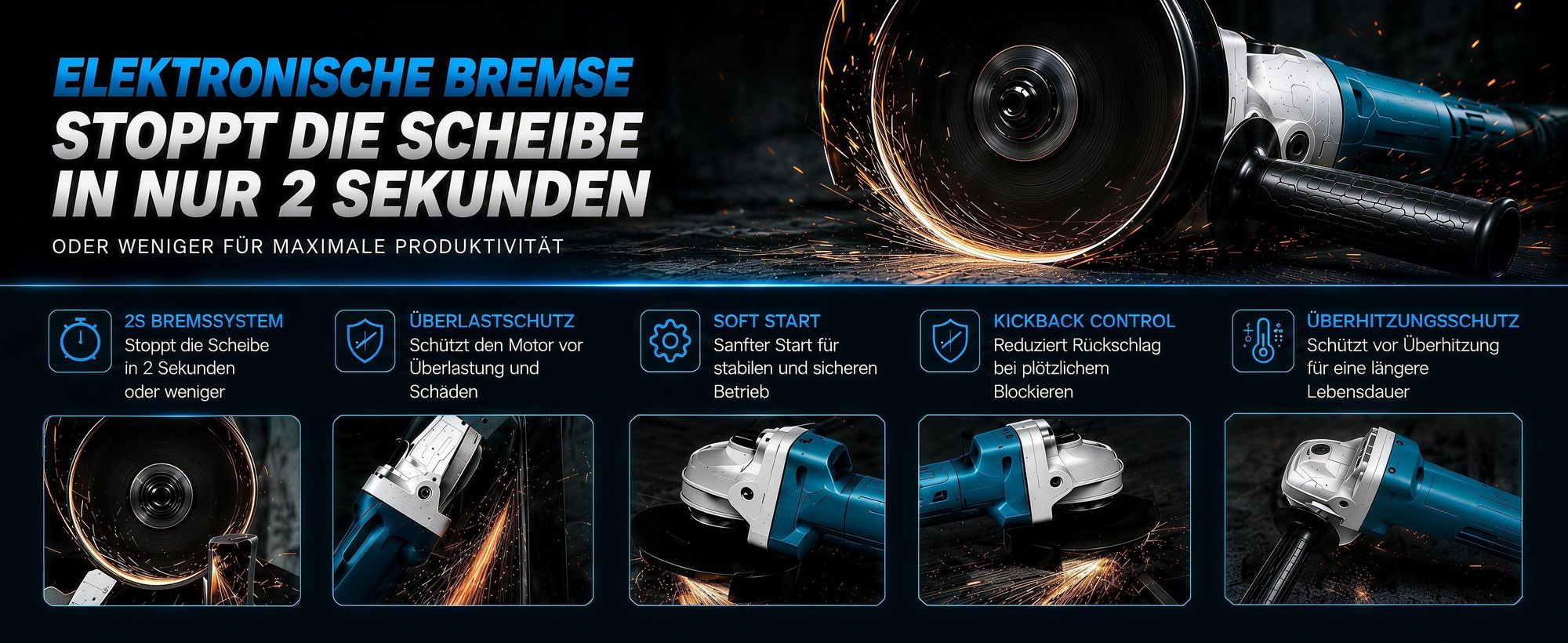 125mm Akku-Winkelschleifer, kompatibel mit Makita-Akku,bürstenloser Motor, Trennschleifer mit 2x 2000Ah Akku,mit Werkzeugkoffer und zwei Schneidmesser