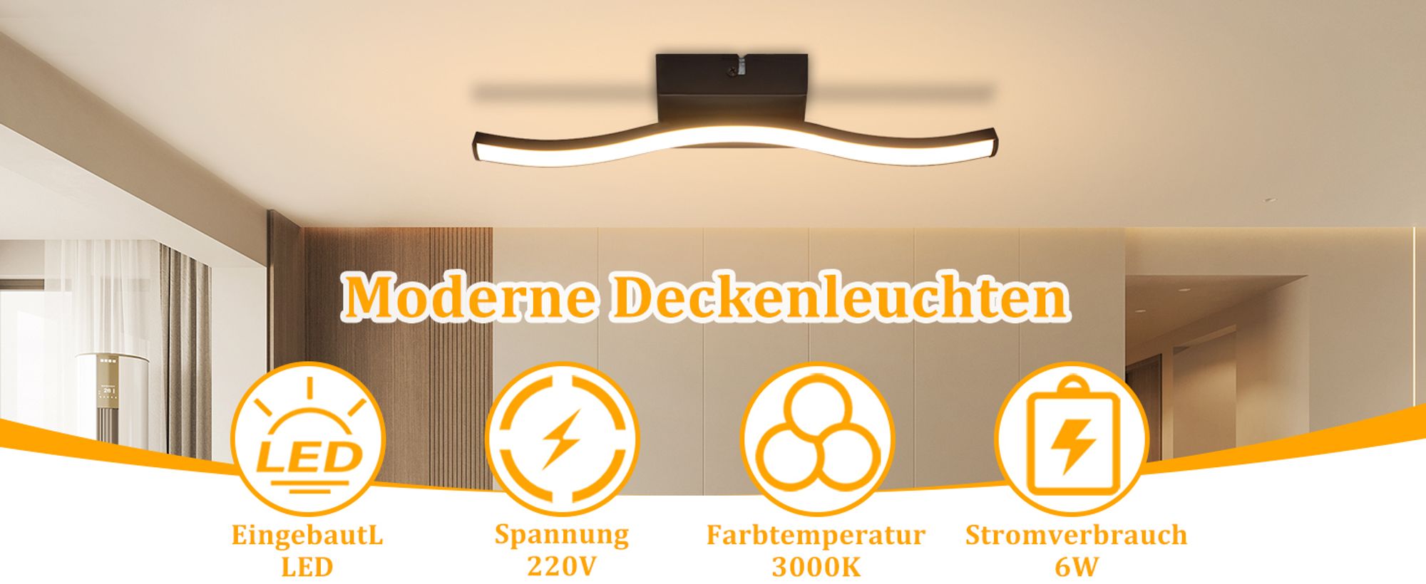 ZMH 2ER Deckenlampe Schlafzimmer Warmweiß LED Deckenleuchte Modern Flur Schlafzimmerlampe Schwarz 6W Küchenlampe Innen Wellen Design 3000K für Küche