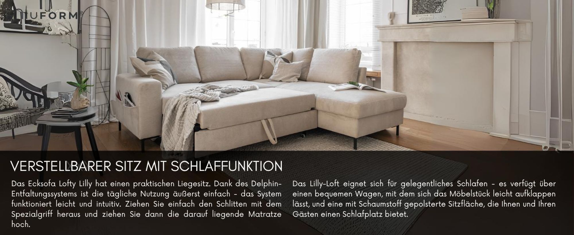 MIUFORM Lofty Lilly Ecksofa mit Bettfunktion L-FORM RECHTS– 237 x 197 cm - Beige - Sofa Schlafsofa Couch