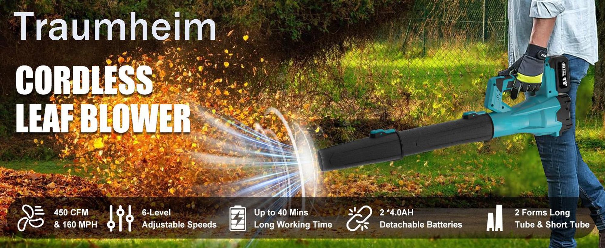 Akku Laubbläser – Bürstenloser Motor für Winterdienst & Garten, 6 Geschwindigkeiten, mit 2x 4,0Ah Akku und Ladegerät, für Schnee, Laub & Auto, Garten