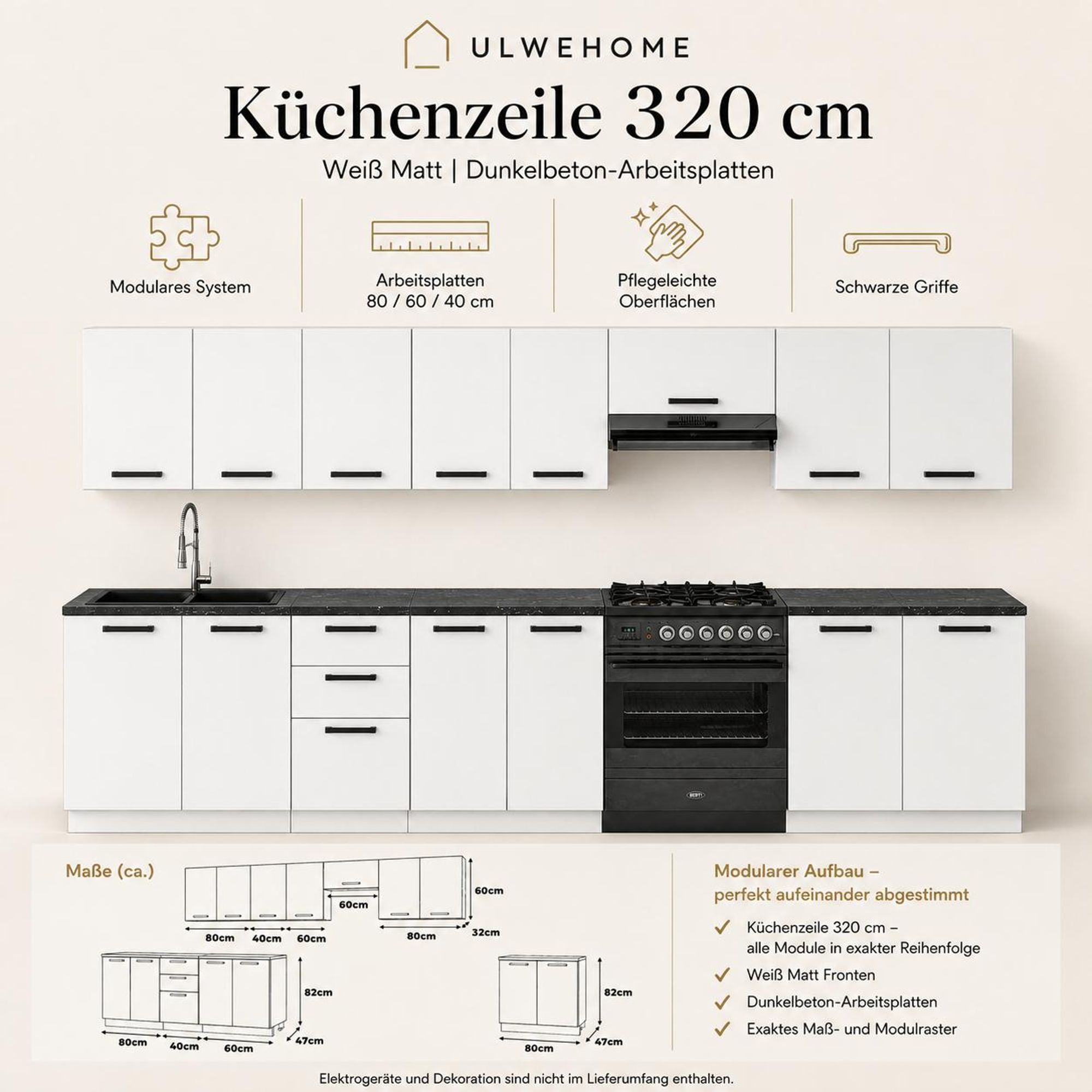Küchenzeile 320 cm Weiß Matt mit Dunkelbeton-Arbeitsplatte & Griffe