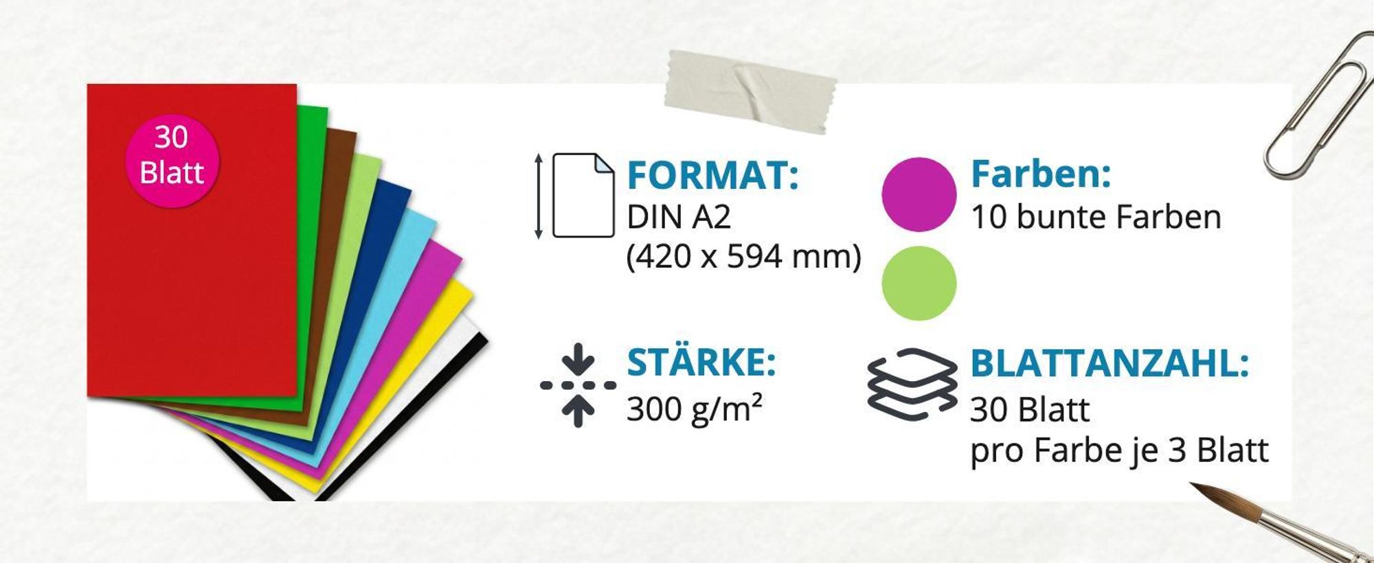 itenga Fotokarton - DIN A2 - 300 g/qm 30 Blatt - 10 Standardfarben - pro Farben je 3 Blatt