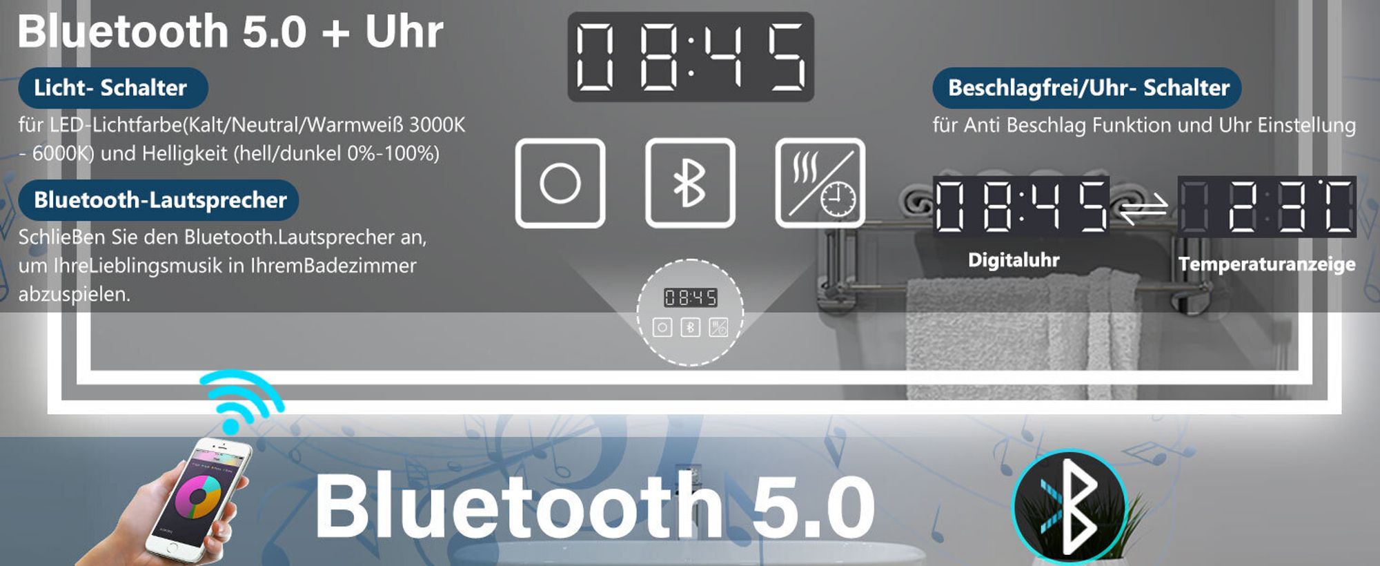 AICA LED Badspiegel 80x60cm mit Uhr Bluetooth Beschlagfrei Badezimmerspiegel 3 Lichtfarbe Kalt/Neutral/Warmweiß Dimmbar Memory-Funktion IP44