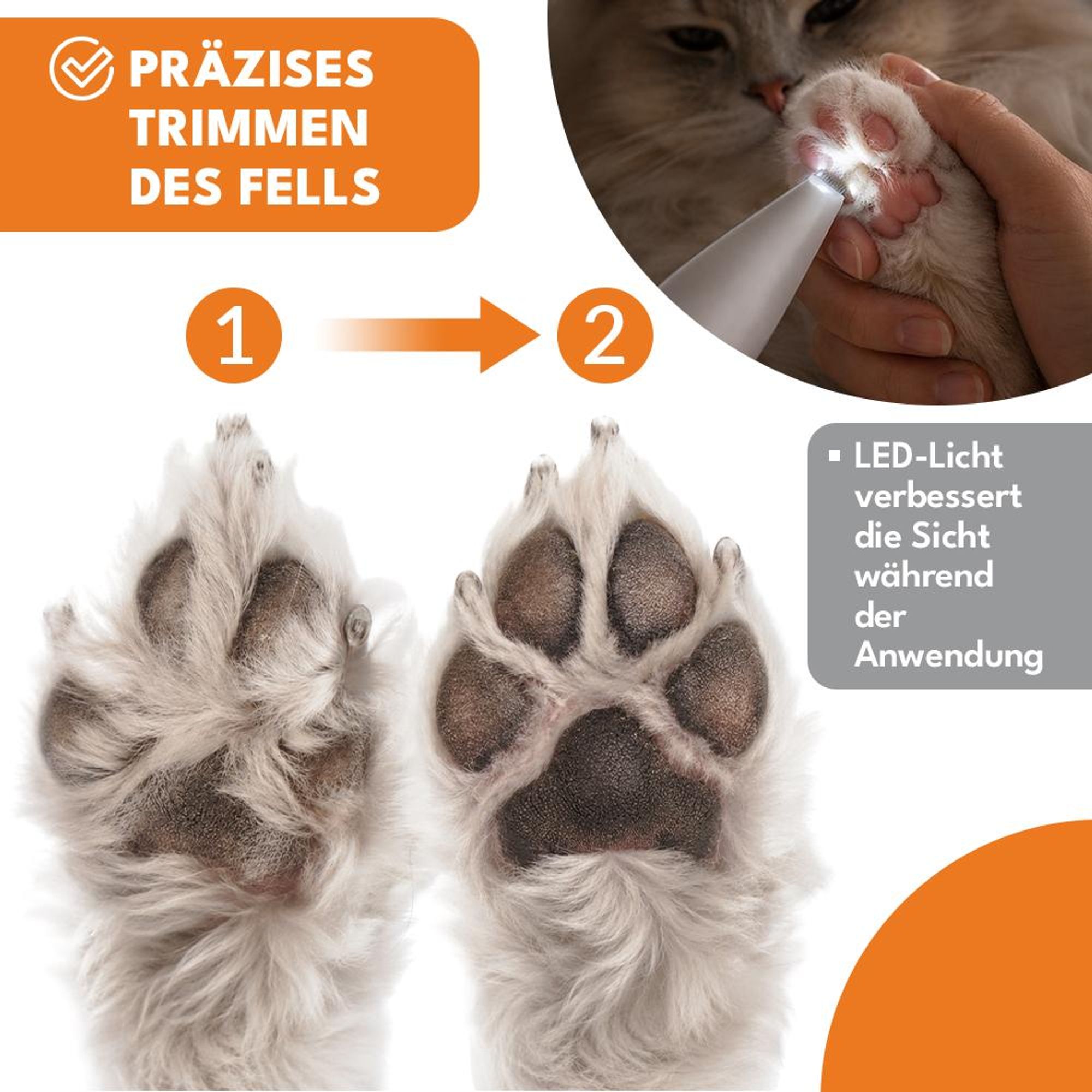 KRUMAD Pfotentrimmer, LED Tierhaarschneider  für Hunde & Katzen, mit Keramikklinge, Akku Hundeschermaschine für Pfotenpflege, 500 mAh