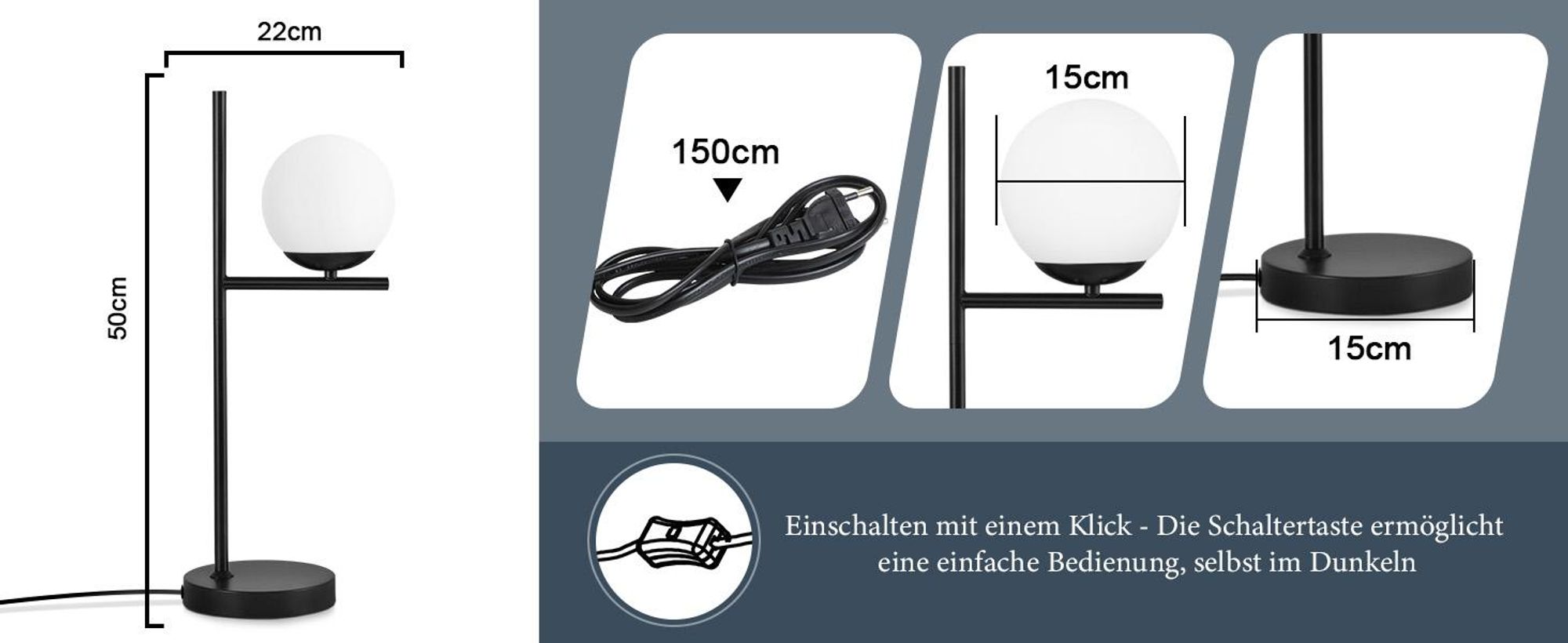 ZMH Nachttischlampe Schwarz Modern Tischlampe 1 Flammig Metall Tischleuchte mit Schalter aus Weiß Glas E27 Fassung für Wohnzimmer Schlafzimmer Kinderzimmer