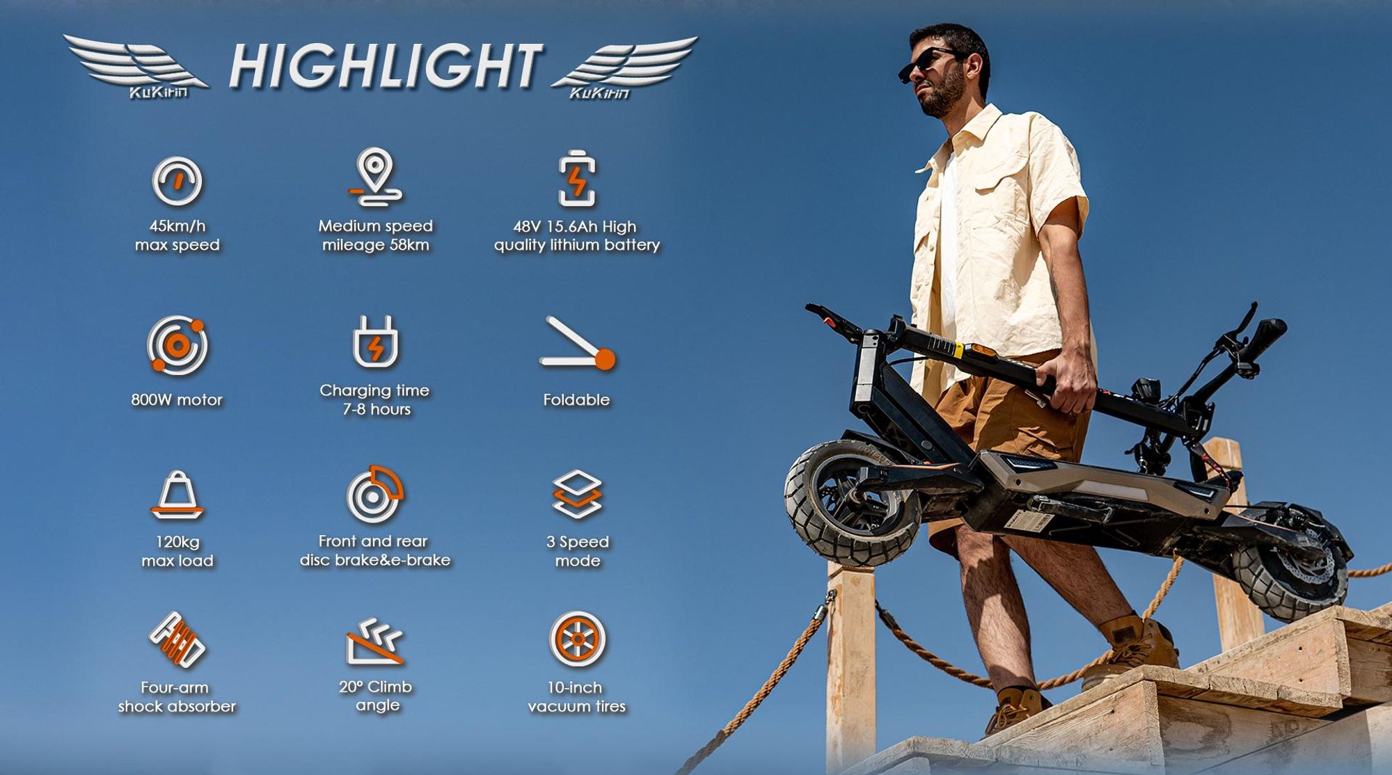 T3 - Trottinette électrique pliable - Batterie 48V 15.6Ah - Pneus 10'' - Amortisseurs avant et arrière - Autonomie 55KM - Nior