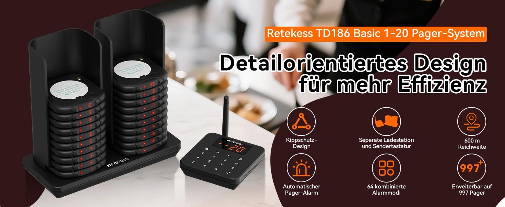 Retekess TD186 Restaurant Pager System, 20 Pager, 600 m, Kippdesign, 64 Rufkombinationen, automatische Weckfunktion, für Restaurant Bars Café