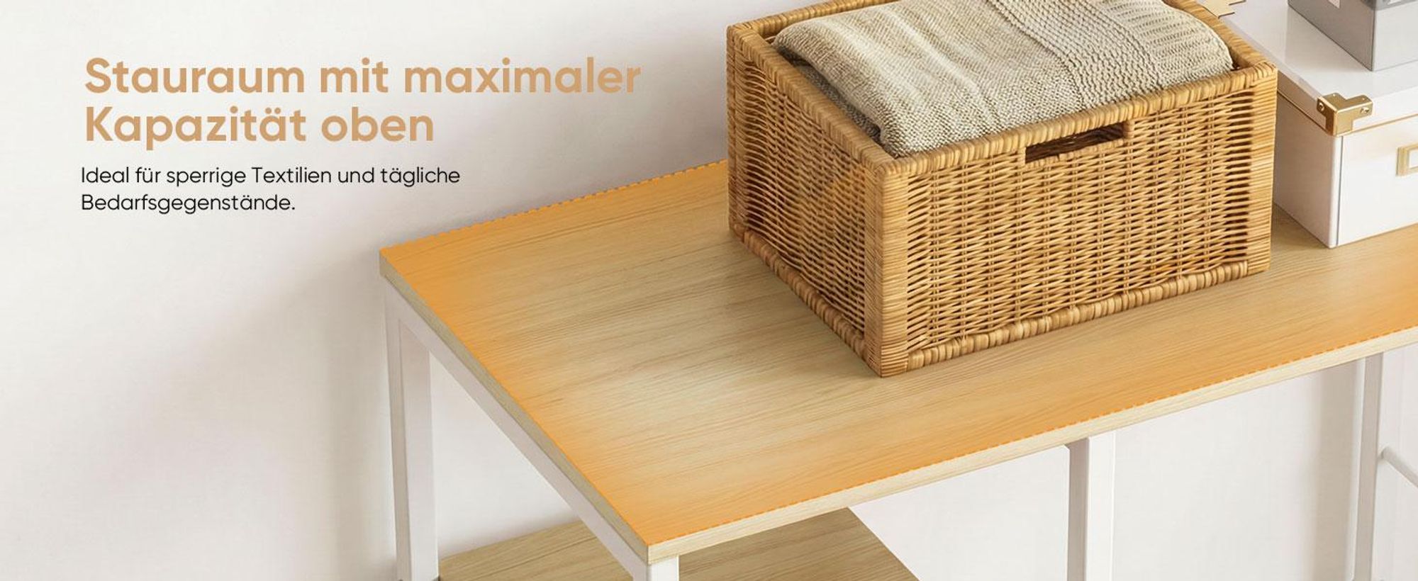 HOKEEPER Kleiderständer auf Rollen, fahrbarer Kleiderständer mit Schubladen, Kleiderstange, Jackenständer, Haken, offener Kleiderschrank, Beige