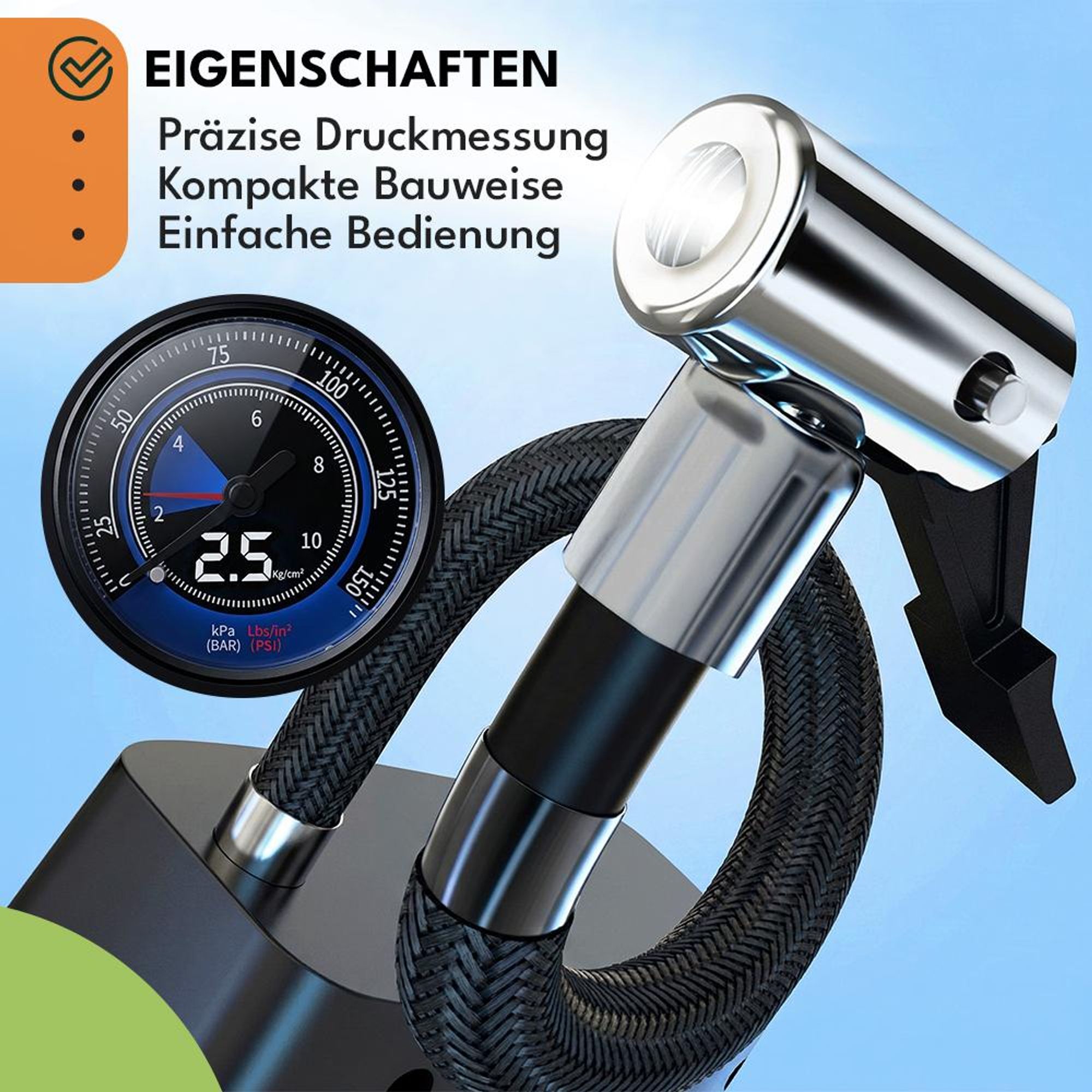 KRUMAD Elektrische Luftpumpe Akku mit Manometer, Mini Kompressor für Auto Fahrrad Motorrad Bälle, USB Reifenpumpe Tragbar