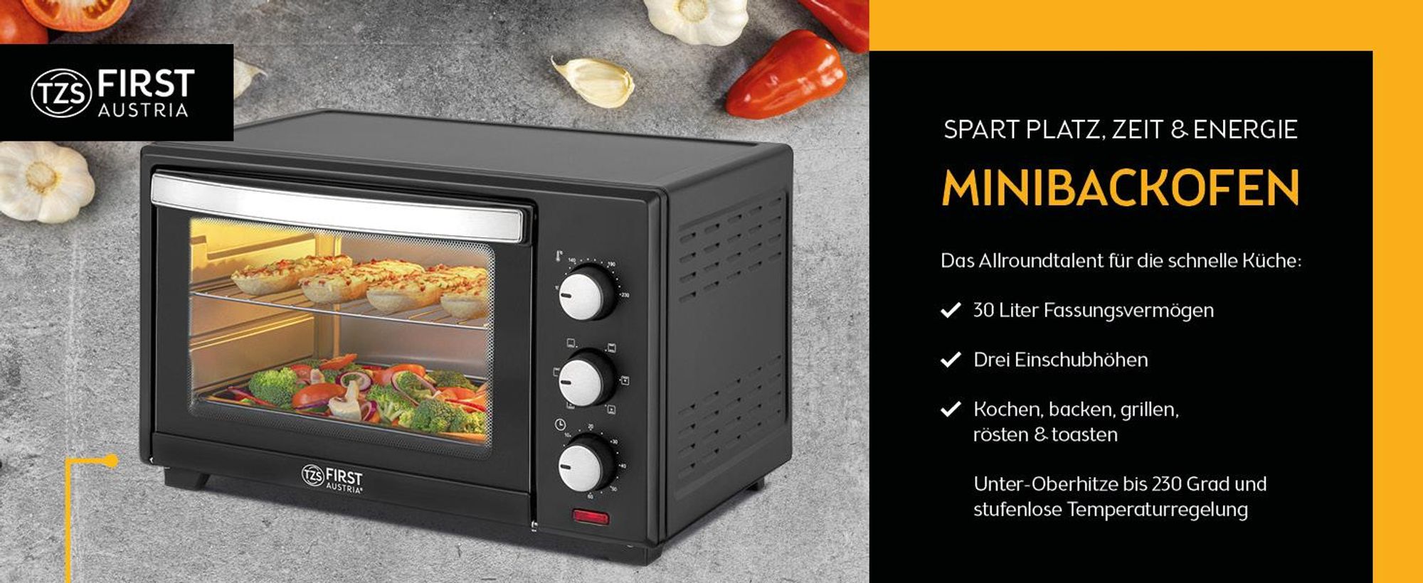 TZS First Austria - Minibackofen 30L 1600W - Mini Backofen stufenlose Temperaturregelung bis 230°C - Miniofen 60 Min. Timer, 3 Einschubhöhen, Backblech & Grillrost - Für kleine Küchen & Camping