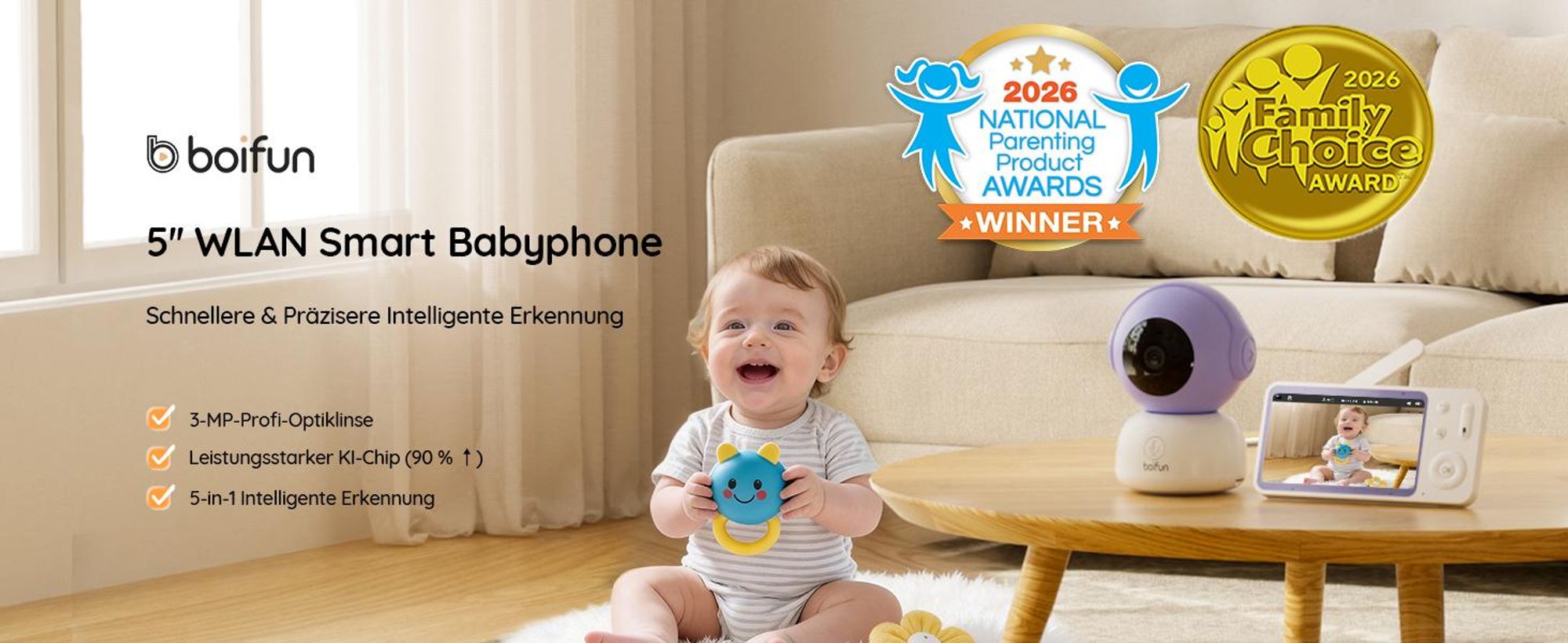 5 Zoll Babyphone mit Kamera 2K Babyfon Video PTZ 355° Bewegungs und Geräuscherkennung Temperatur Luftfeuchtigkeit mobiles Tracking