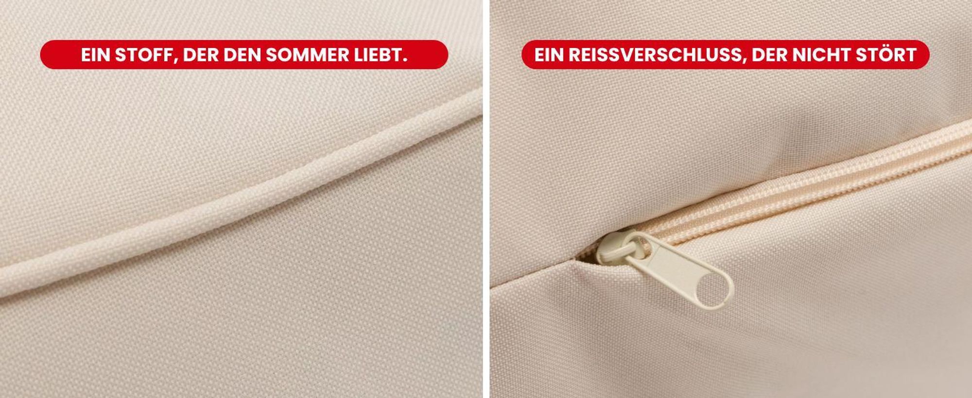 Nahaufnahme des wetterfesten Outdoor-Stoffs eines Sitzsacks mit sichtbarem Reißverschluss.