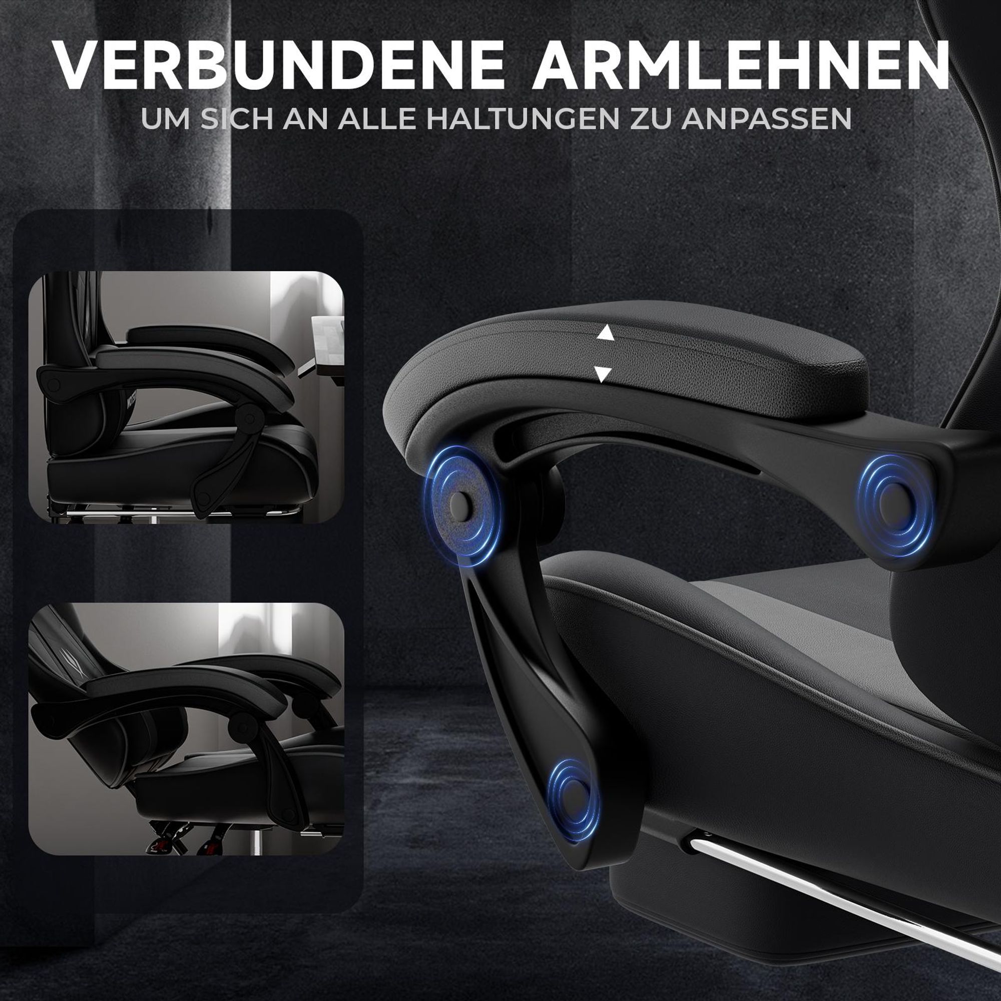 Gaming‑Stuhl mit verstellbaren verbundenen Armlehnen