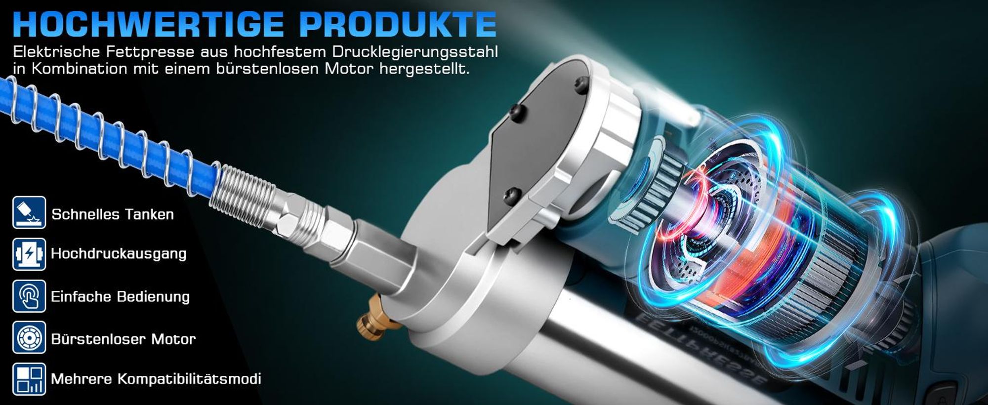 Akku Fettpresse 2-in-1 Elektrische Schmierpistole 12000 PSI mit 2 Akkus, 3 Düsen, Bürstenloser Motor, 100cm Flexschlauch, LED-Licht, 600g Kapazität