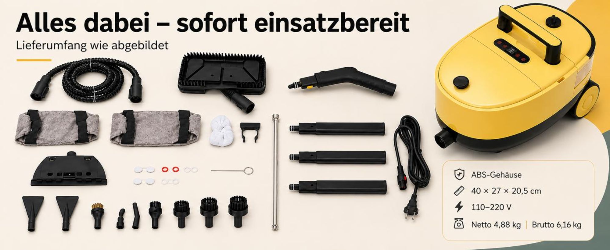 2500W Tragbarer Dampfreiniger, 2L Wassertank, 3 Dampfstufen am Griff, 15 Sek. Aufheizzeit, integrierter Stauraum, 20 Zubehörteile für Haus und Küche