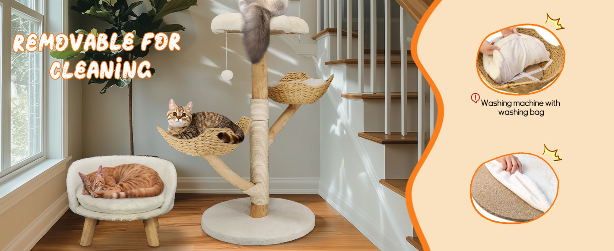 WISFOR Kratzbaum 111cm hoch, mehrstufig Katzenbaum mit Korb, beige