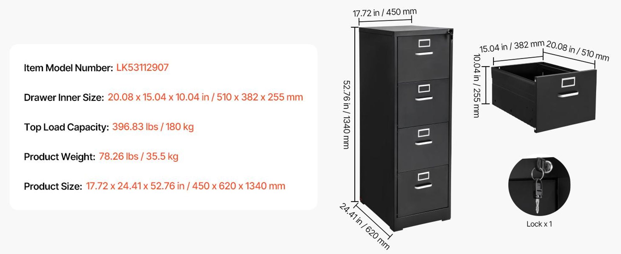 VEVOR Aktenschrank, Vertikaler Büroschrank aus Metall für das Home Office, Lagerschrank Materialschrank mit abnehmbarer Hängestange für A4-Akten (Schwarz)