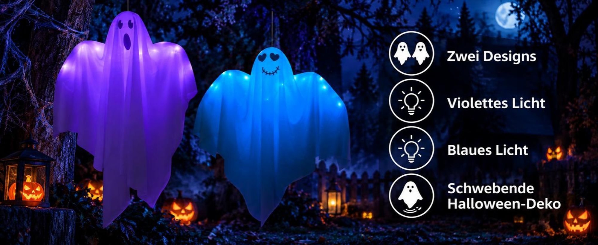 Halloween Deko Geister 2er Set, zwei verschiedene Gesichter, leuchtende Hängedeko für Tür Fenster Garten Baum Veranda Party