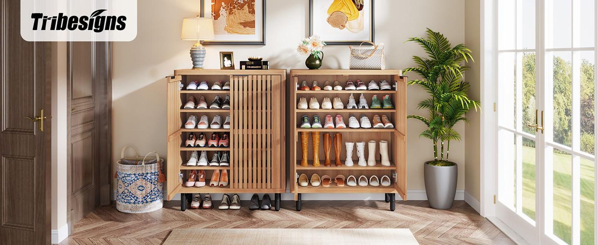 Tribesigns Schuhschrank mit 6 Ebenen und Lamellentüren, großes Schuhregal aus Holz mit verstellbaren Regalböden, Eingangsbereich und Flur, Hellbraun