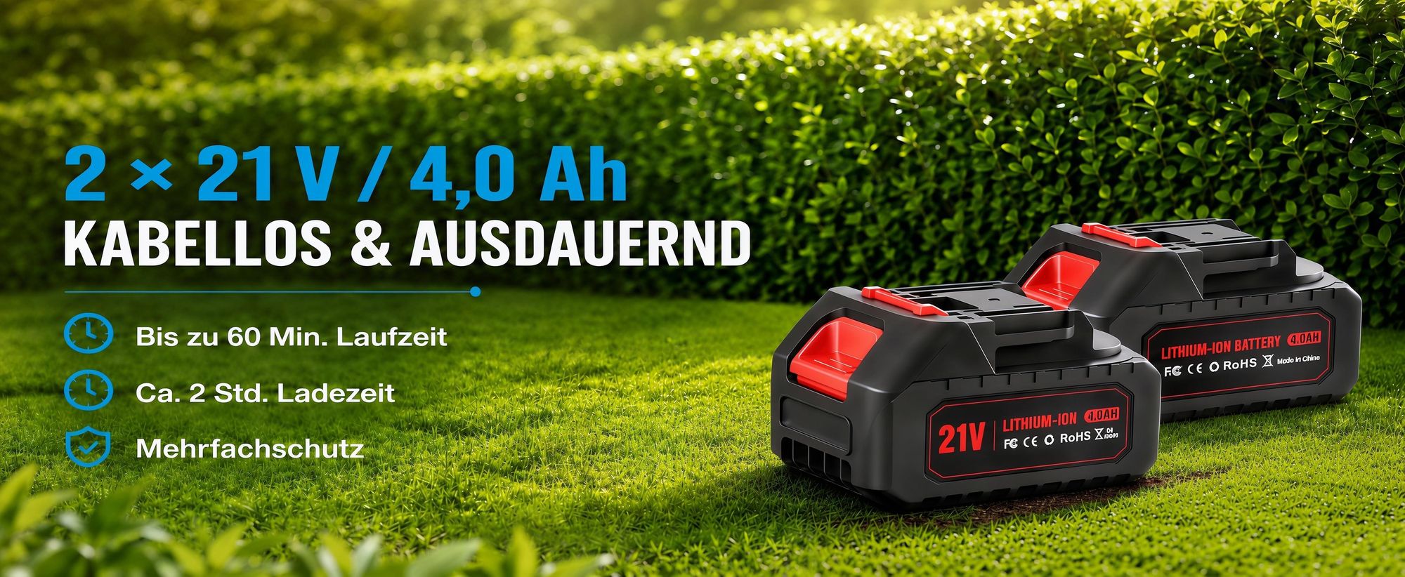Akku Heckenschere, 21" Klingen Heckenschere mit 2 × 4000mAh Akkus, 3000RPM, bürstenloser motor,180° drehbarer Kopf,Doppelter Sicherheitsschalter,Grün