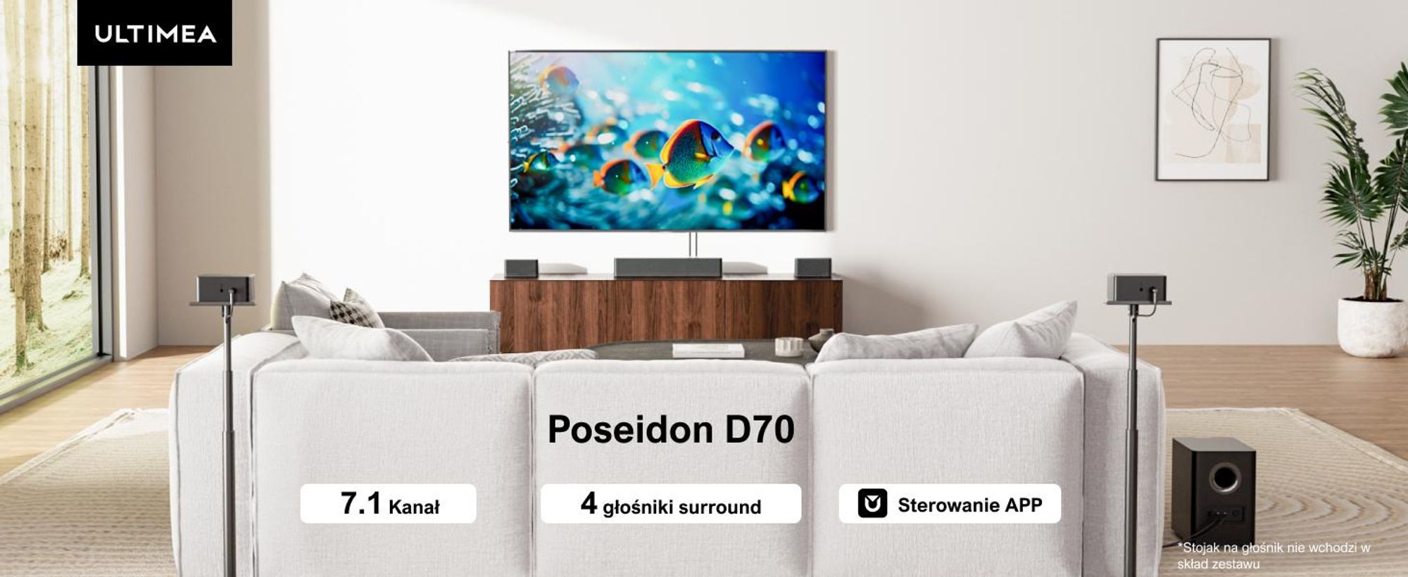 Wirtualny system dźwięku przestrzennego ULTIMEA 7.1 do telewizora, moc szczytowa 410 W, soundbar z regulowanym subwooferem i głośnikiem surround, sterowanie za pomocą aplikacji