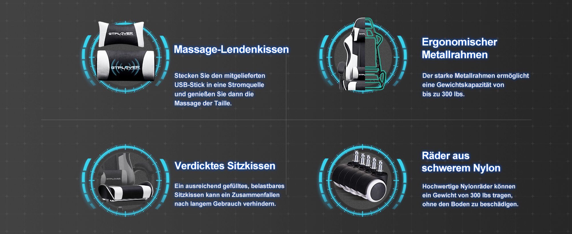 GTPLAYER Bürostuhl Gaming Stuhl Stoff Gaming Sessel Ergonomischer Gamer Stuhl mit Fußstütze, Kopfstütze Lendenkissen, Gepolstert Gaming Chair, weiß