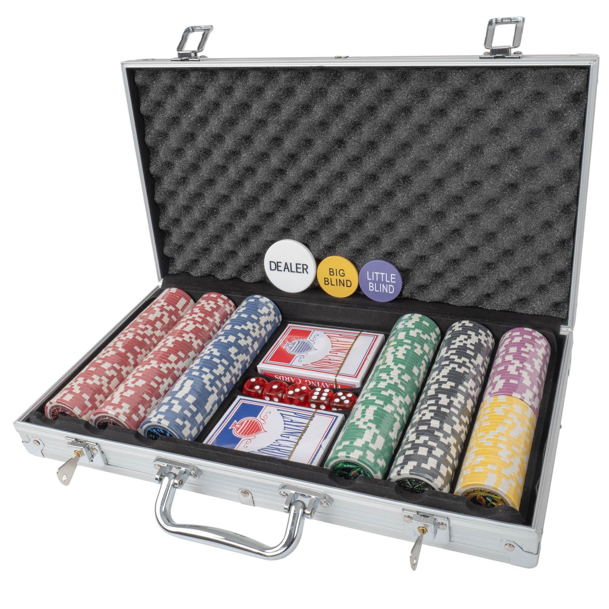 Poker Set Premium 300 Chips mit Metallkern (11,5g) – 6 Wertstufen, Aluminium Koffer, 2 Kartendecks, Blind Chips & Zubehör