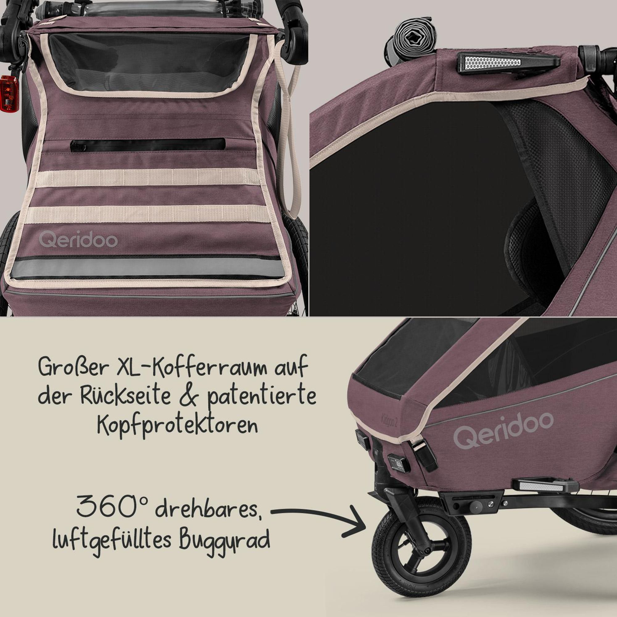 Qeridoo Kidgoo 2- Kinderfahrradanhänger für 2 Kinder, Farbe: Wildberry Violet