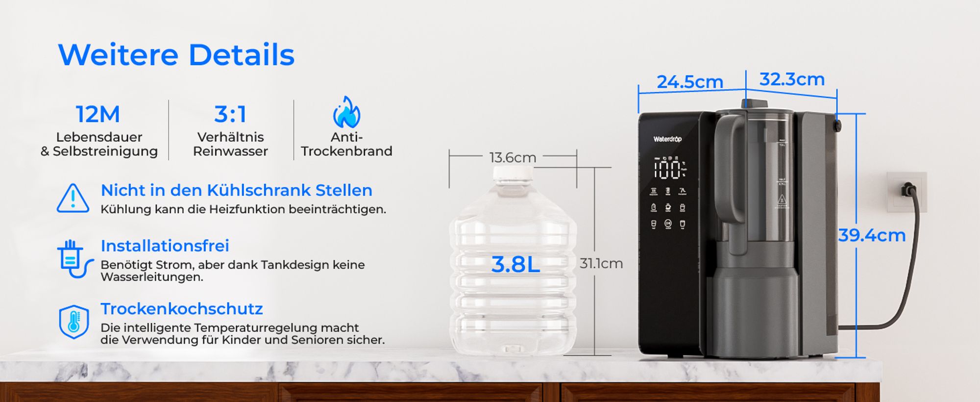 Waterdrop WD-M1 Heißwasser Umkehrosmose Tischwasserfiltersystem, 7 Temperaturoptionen, 6-stufige Reinigung, 3:1 Rein zum Abfluss, ohne Installation