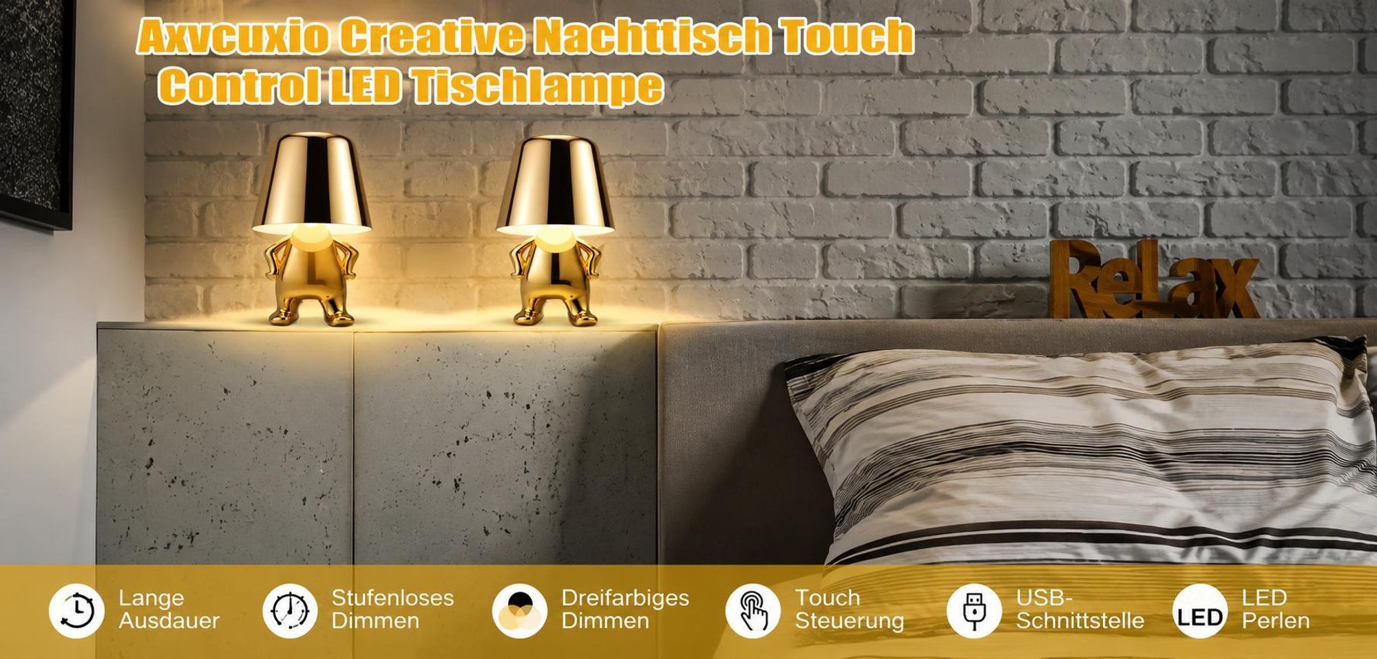 Thinker-Statue LED Nachttischlampe mit Touch-Steuerung,USB-Aufladung,3 Helligkeitsstufen,Kabellose Dimmbare Tischlampe,Dekorative Nachtlicht,(Gold E)