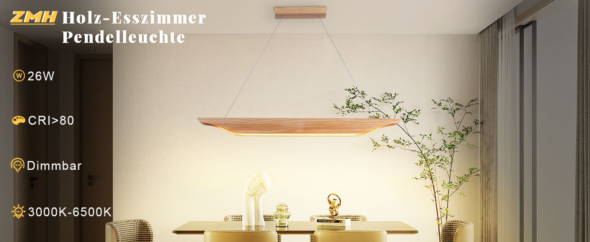 ZMH Pendelleuchte LED Hängelampe Holz Esstisch Hängeleuchte Modern Design Esszimmerlampe 90CM Dimmbar mit Fernbedienung Pendellampe Höhenverstellbar für Esszimmer Wohnzimmer Schlafzimmer Küche