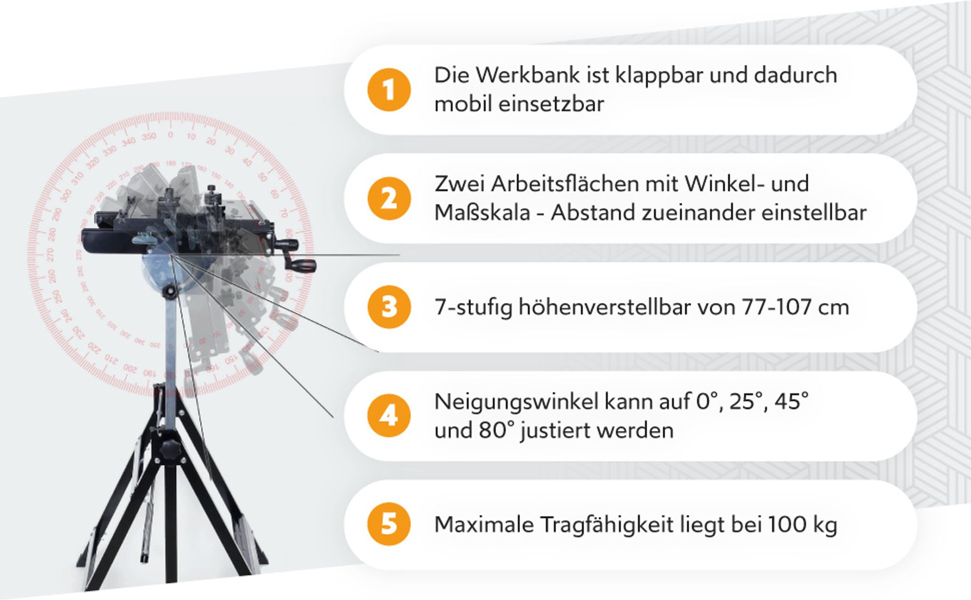 Wiltec Mobile Werkbank bis 100 kg Werktisch klappbar, Arbeitstisch höhenverstellbar 77 - 107 cm, Werkstatttisch mit einstellbarer Neigung