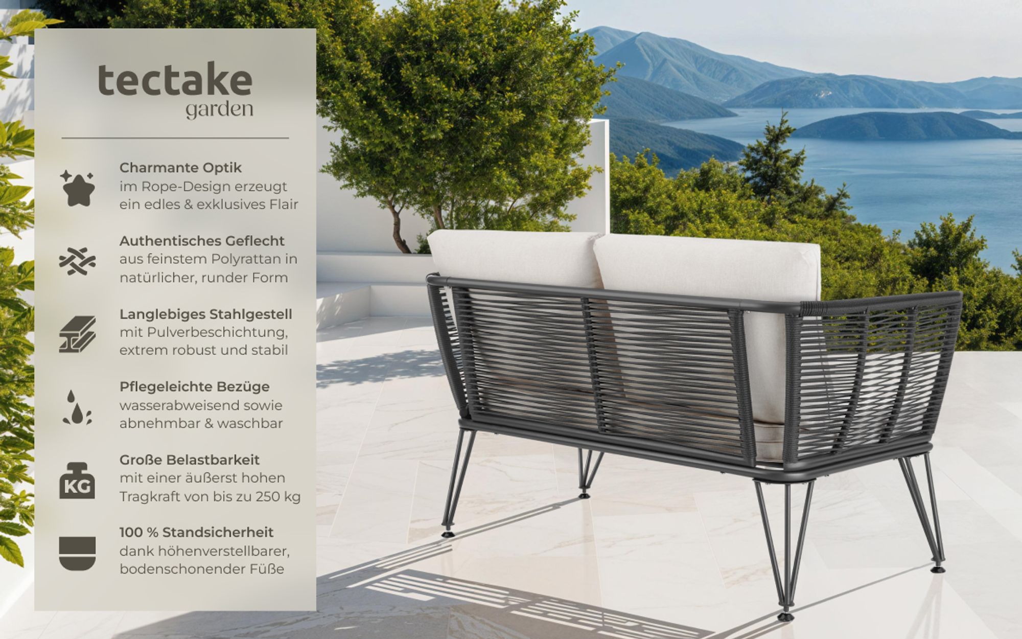 tectake® Garten-Loungesofa Sundo im Rope-Design mit Polyrattan