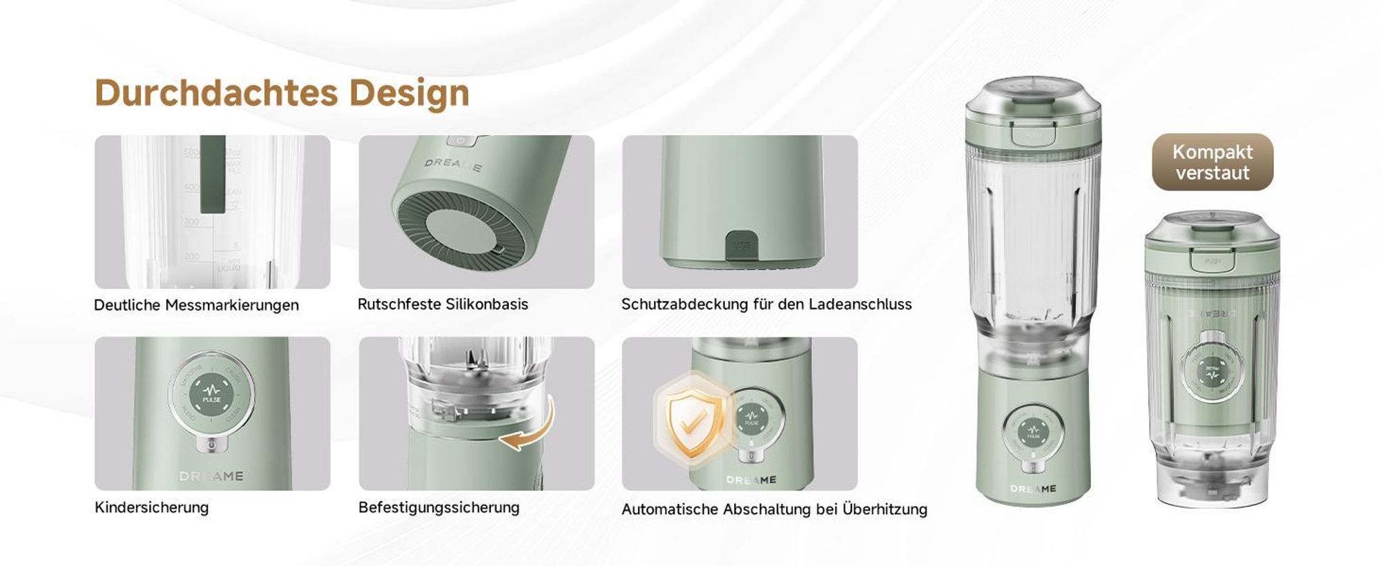 Dreame PB10 PortFresh Tragbarer Mixer,abnehmbares Motorgehäuse,Schnellladefunktion,880ml BPA-freier Mixbecher,500ml,5 Funktionen,Selbstreinigung,Grün