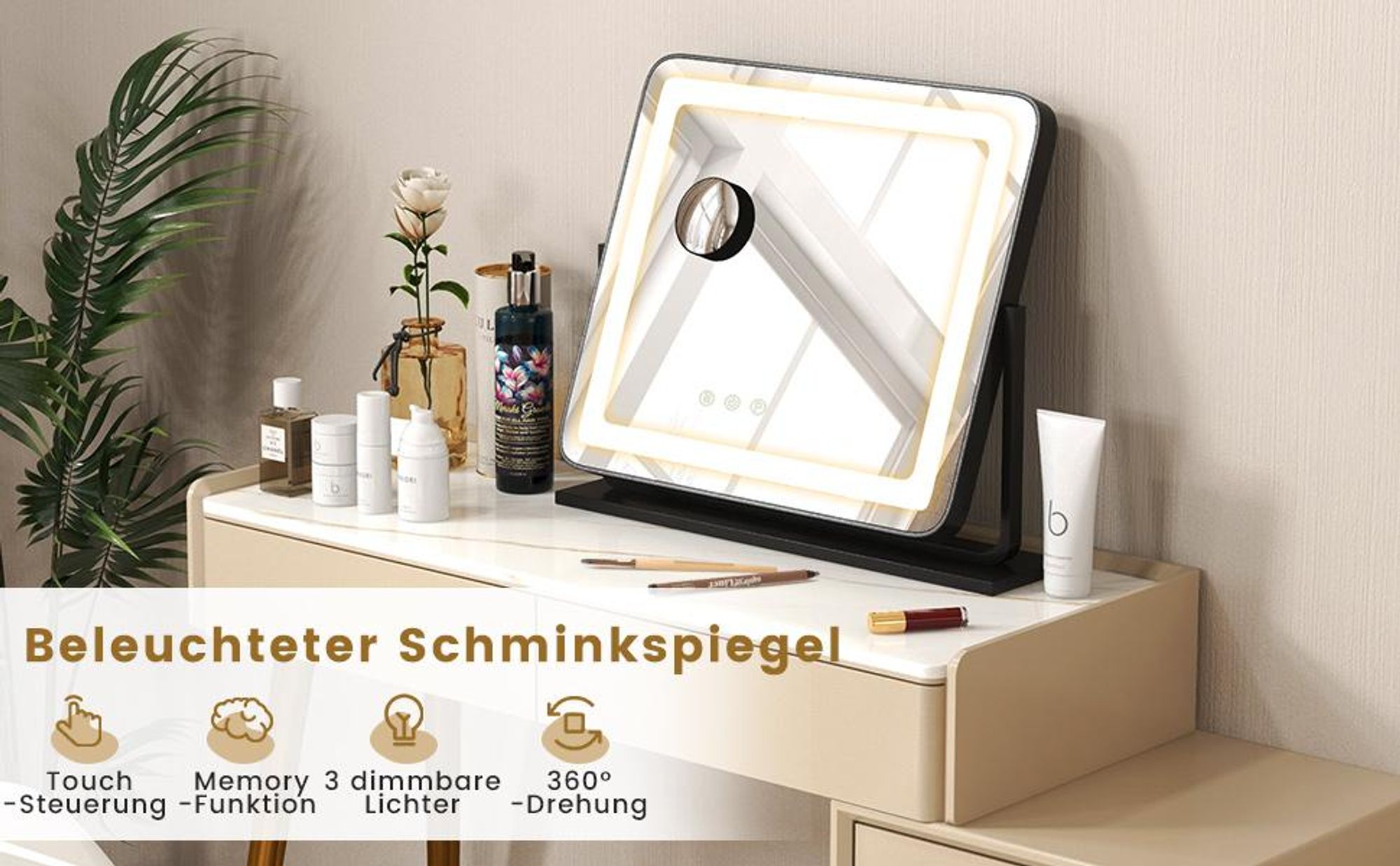 COSTWAY Schminkspiegel mit 3 Lichtfarben, Hollywood Spiegel mit 5X Vergrößerung, Beleuchtung, Einstellbarer Helligkeit, 360° drehbarer Make-up-Spiegel, Touch Steuerung Kosmetikspiegel