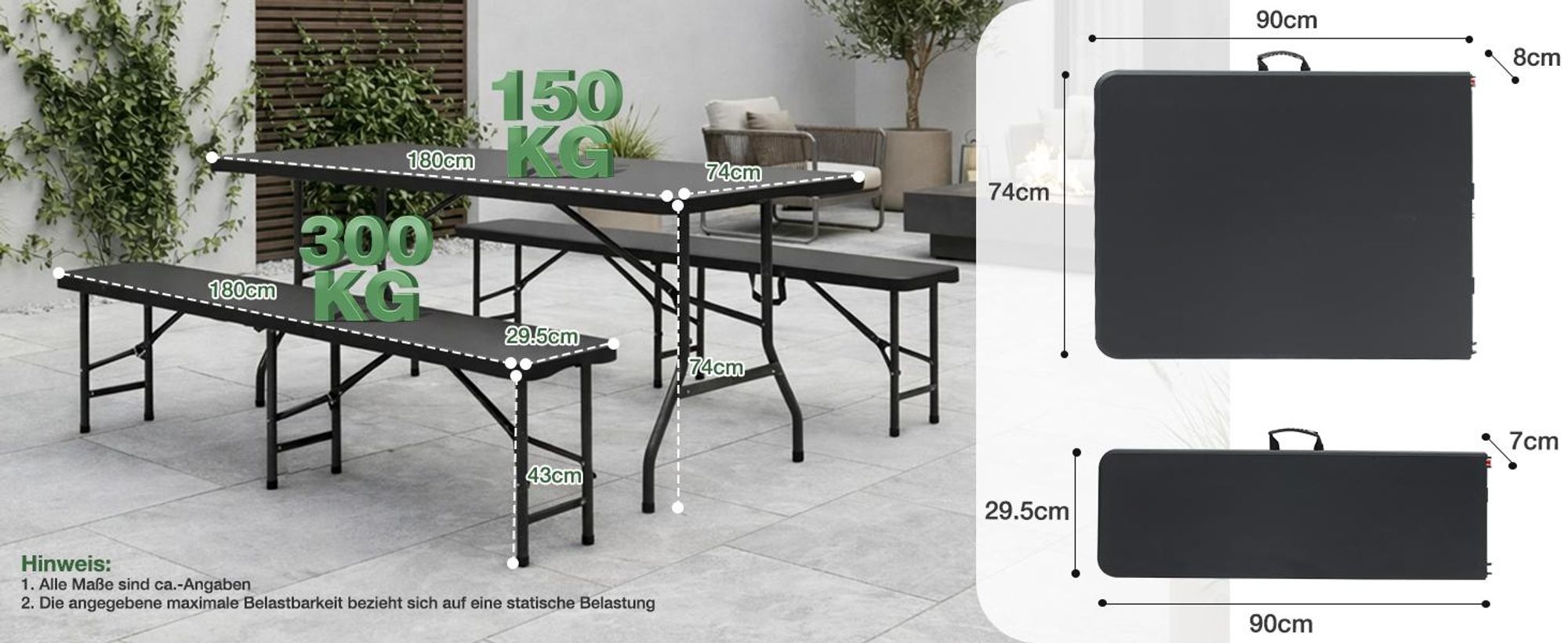 180cm Bierzeltgarnitur Klappbar Festzeltgarnitur mit Tragegriffe Gartenmöbel Set