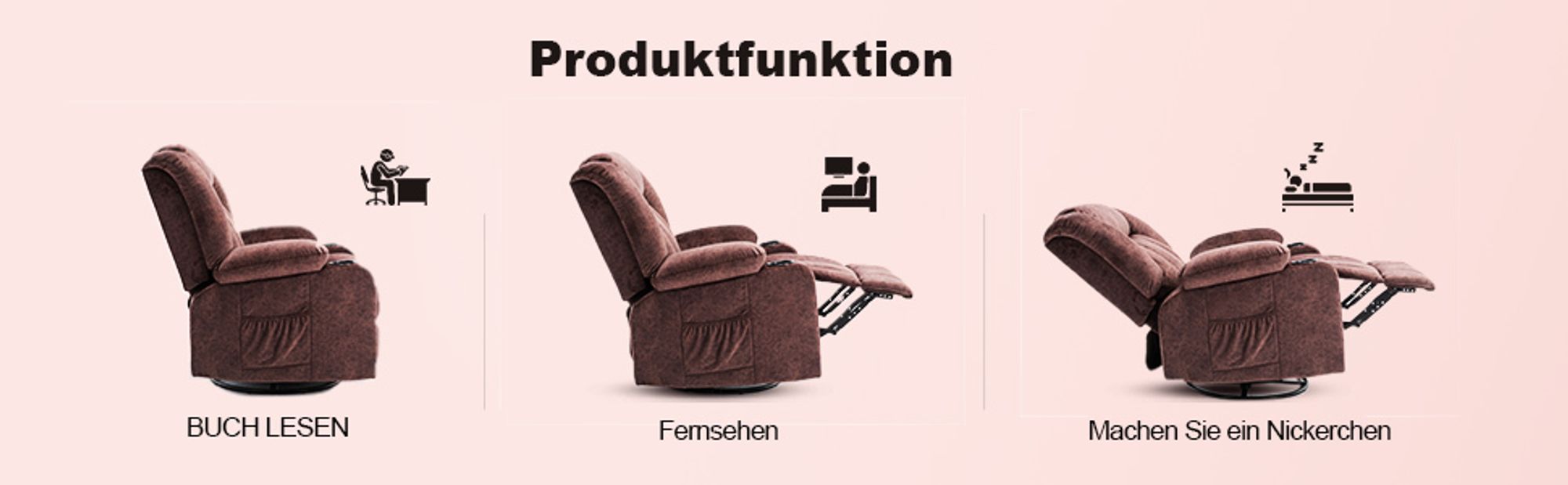 COMHOMA Relaxsessel aus Stoff mit Liegefunktion, Recliner Chair mit Wippfunktion, TV-Sessel belastbar bis 150 kg, 360° drehbar, braun