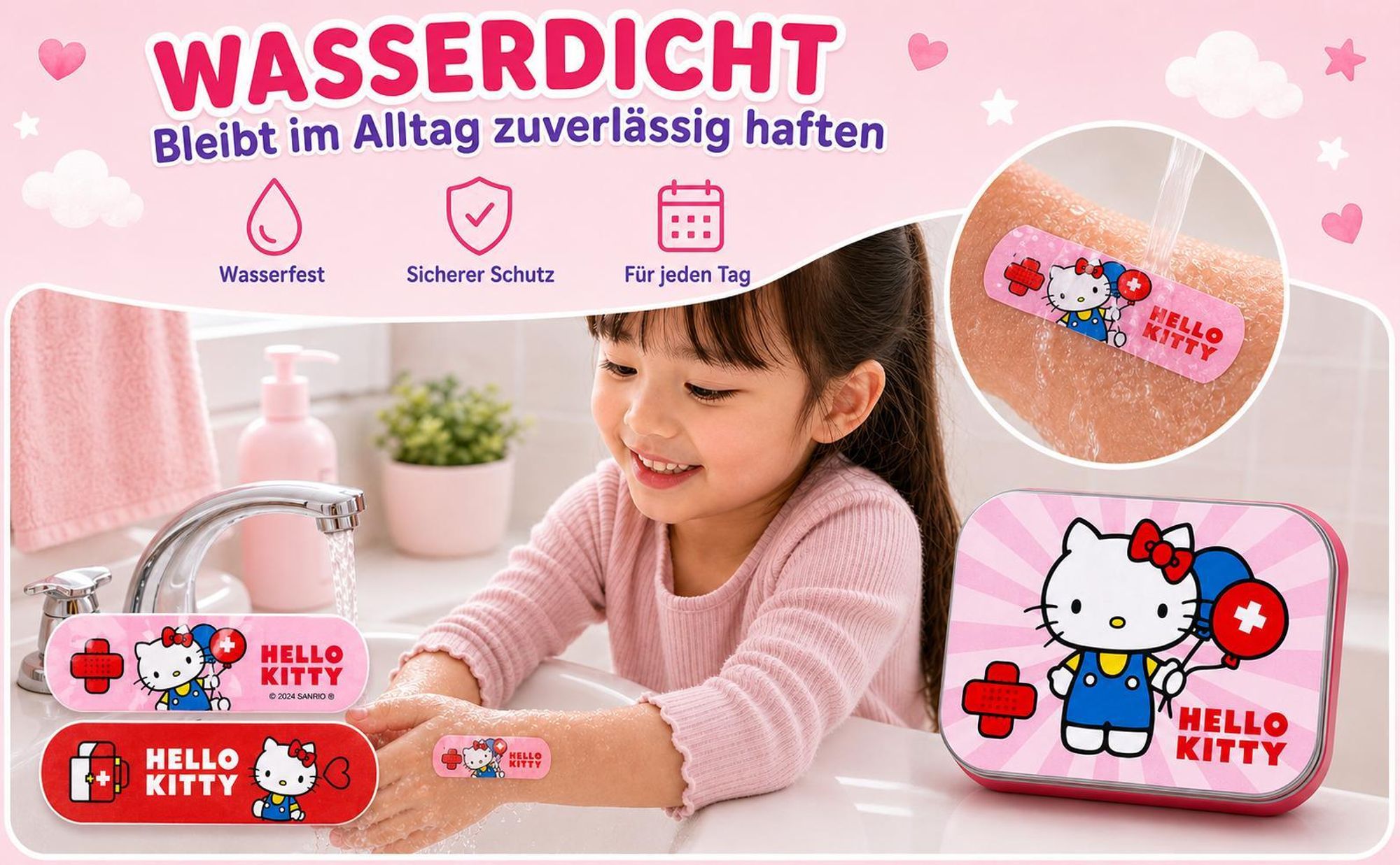 Hello Kitty Rosa Kinderpflaster Lizensiertes Produkt - Metall-Box - 24 Pflaster - Schönes Design Pflaster Aufbewahrungsbox für Kinder - 1 Box