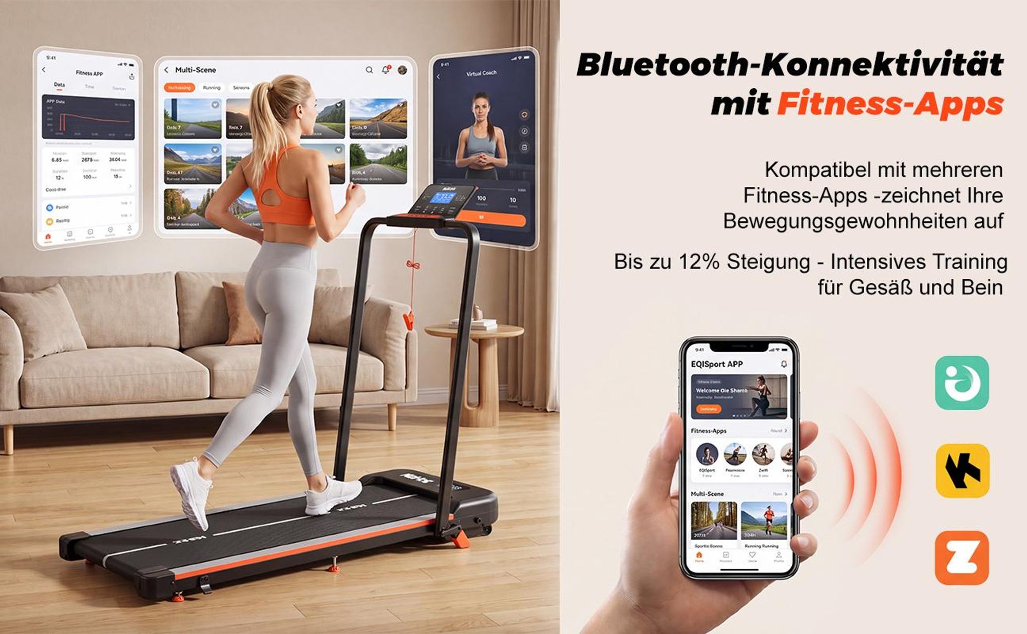 4-in-1 Laufband klappbar, 1–12 km/h, 12% Steigung, 120 kg ,App-Steuerung, LED Display,für Zuhause