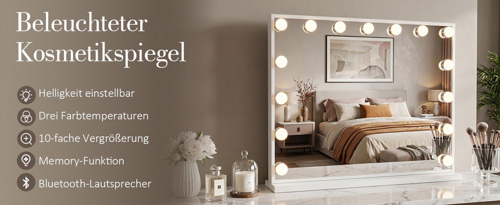 VANITII Hollywood Schminkspiegel 58cm x 46cm mit Beleuchtung 15 Dimmer Leuchten 3 Lichtmodus Bluetooth Kosmetikspiegel für Badzimmer Schminktisch Weiß
