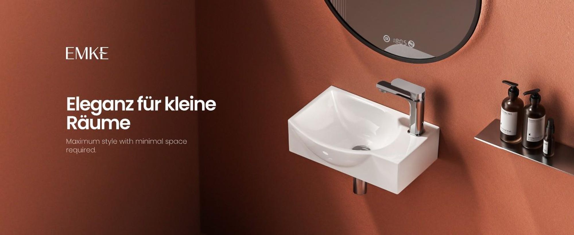 EMKE Asymmetrische Waschbecken mit Hahnloch rechts Kompaktes Hängewaschbecken für Gäste-WC kleines Handwaschbecken zur Wandmontage