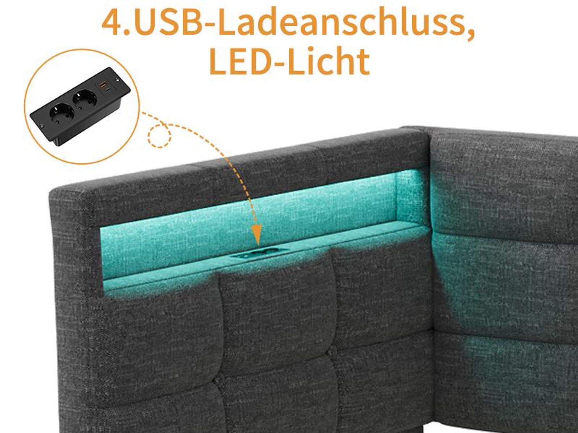 INONEFT Polsterbett Einzelbett 90×200cm,Tagesbett mit LED und USB/C,L-förmiges Holz-Plattformbett mit 2 Schubladen und Lattenrost,Leinen, Grau
