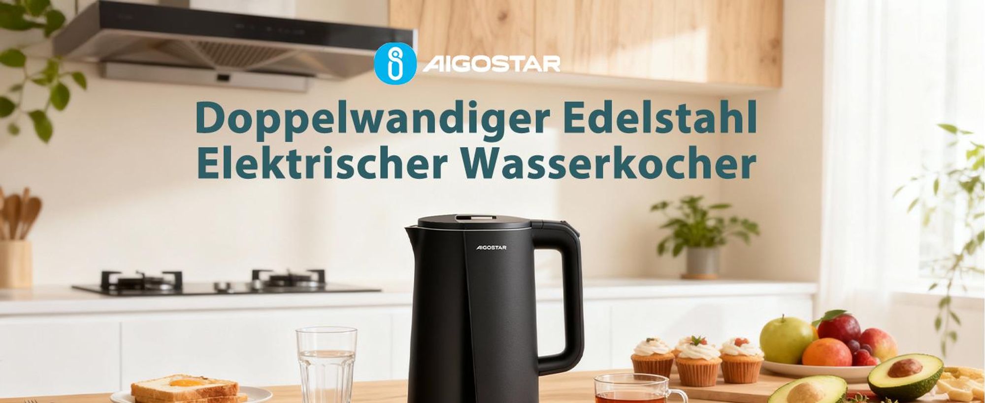 Aigostar - Doppelwand Edelstahl Wasserkocher, 2200W, 1,7 L, Schwarz