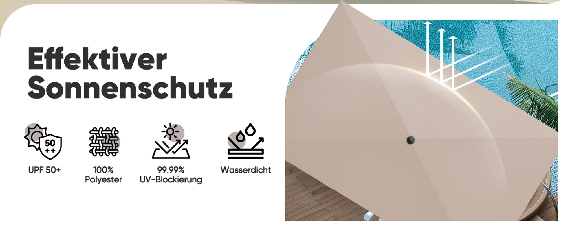Sekey Sonnenschirm Balkon Rechteckig 200×125 cm Balkonschirm mit Tragetasche Neigungswinkel & Höhe verstellbar Sonnenschutz UPF 50+, Taupe