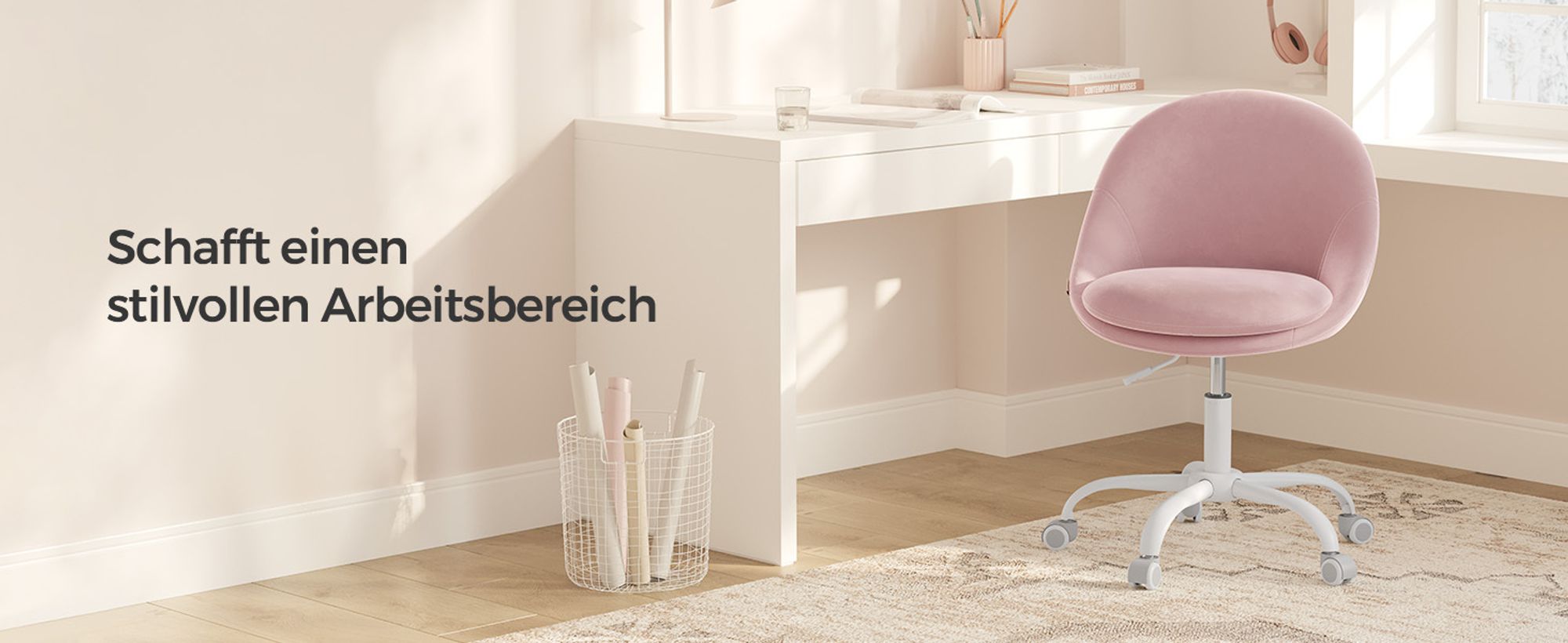 SONGMICS Homeoffice Stuhl, Drehstuhl, Schreibtischstuhl, aus Samt, pastellrosa
