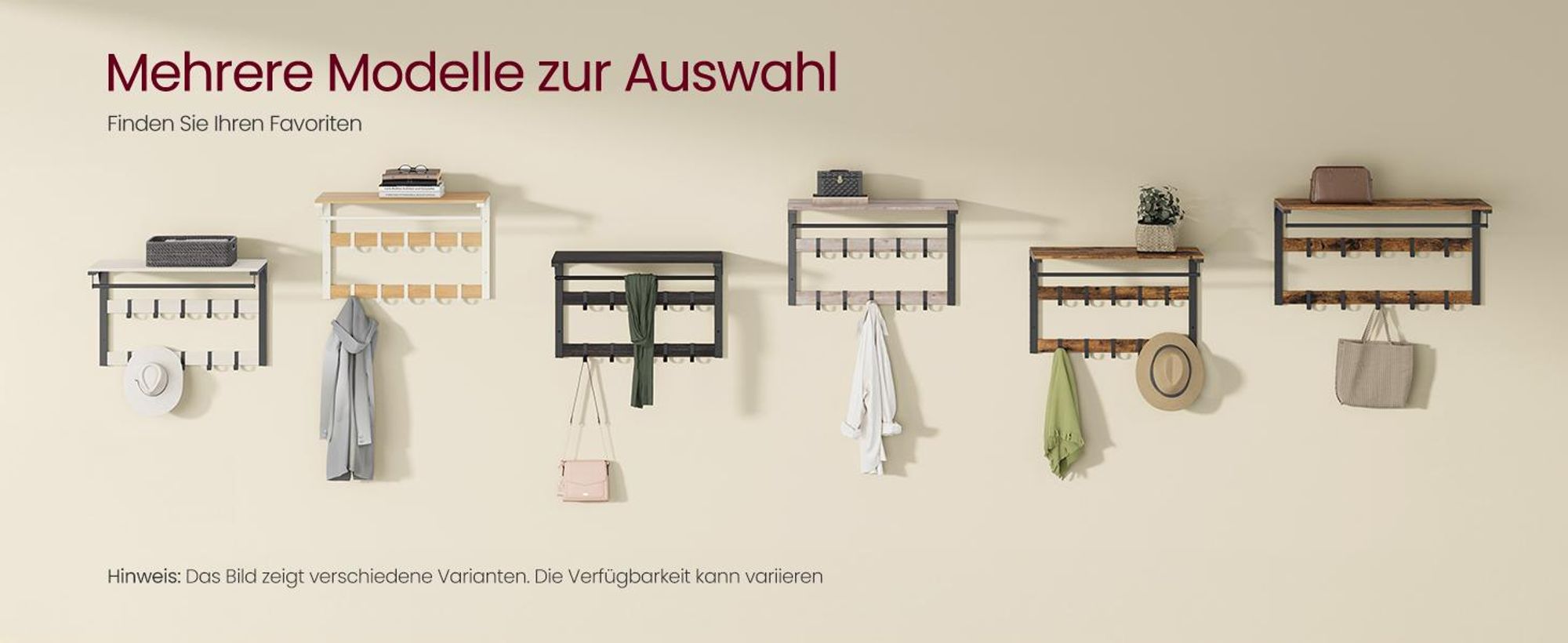VASAGLE Wandgarderobe, mit Ablage, Wandregal mit 10 abnehmbaren Haken
